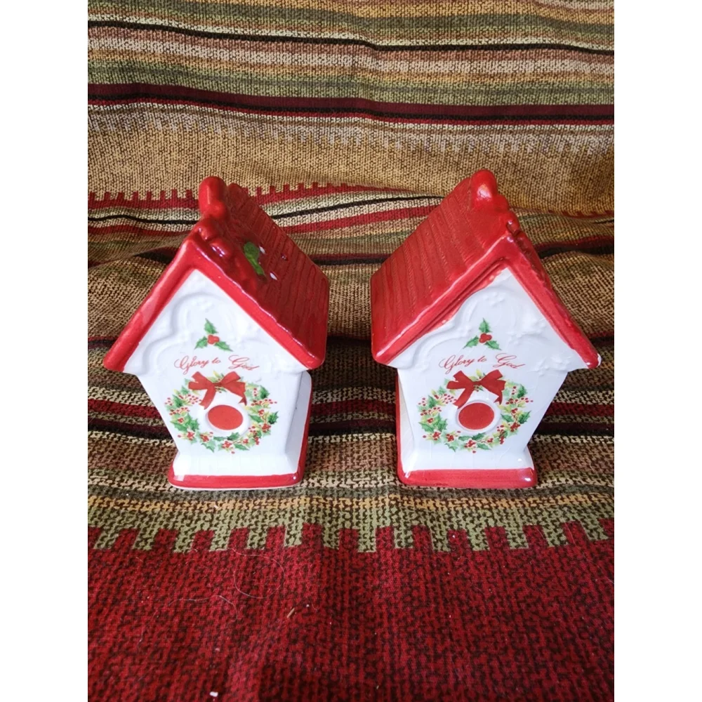 Salt‎ and Pepper Shakers Birdhouses Says Glory to God Religious red and White